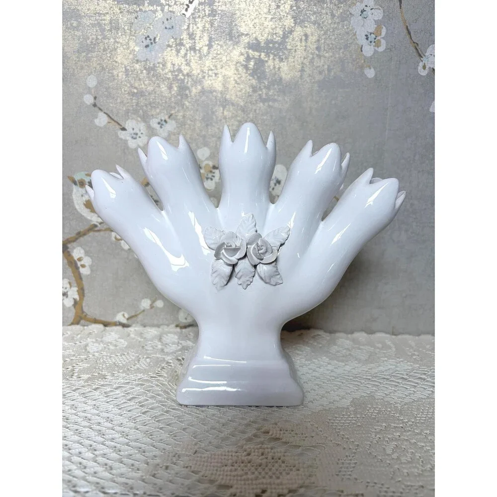 ELPA Alcobaca White Ceramic 5 Finger Tulipiere Bud Vase Rose Portugal Vintage